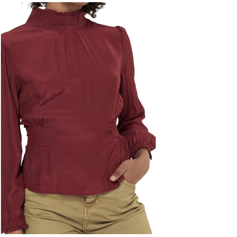ba&sh Dandy Carmin Brick Red Silk Mock Neck Long Sleevel Blouse Women’s Sz SM